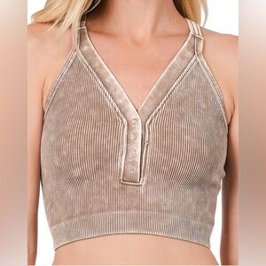 Zenana Ribbed Cropped Snap V-Neck Washed Brown Bralette/Tank Top Sz S/M